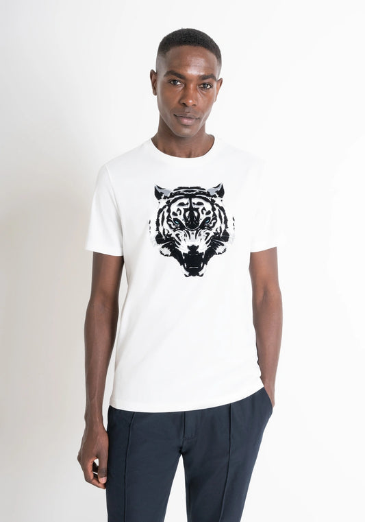 CAMISETA REGULAR FIT DE JERSEY DE ALGODÓN NEGRO CON ESTAMPADO DE TIGRE